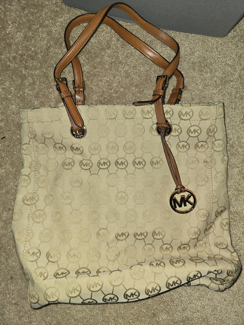Michael Kors Beige Monogram Tote Bag with Tan Leather Handles